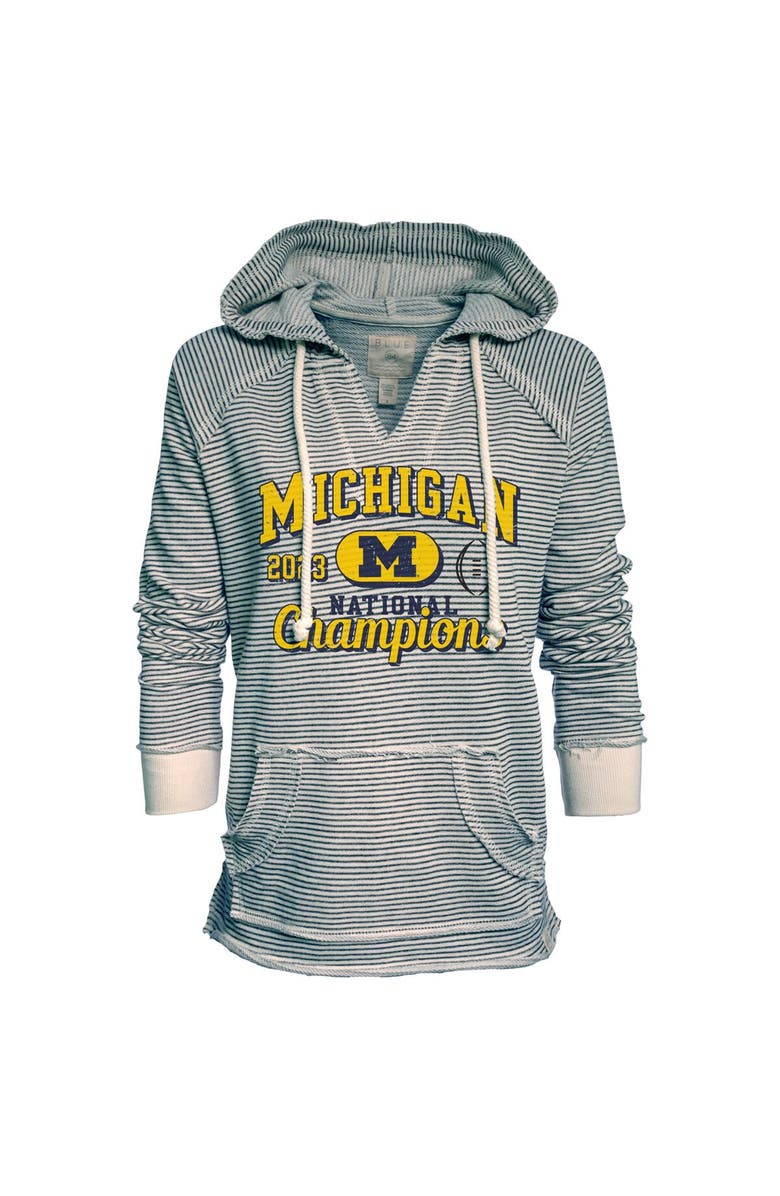 BLUE 84 Women's Blue 84 Navy Michigan Wolverines College Football Playoff 2023 National Champions Striped French Terry V-Neck Pullover Hoodie, Main, color,
