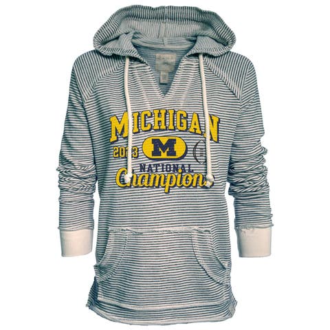 Women's Blue 84  Navy Michigan Wolverines College Football Playoff 2023 National Champions Striped French Terry V-Neck Pullover Hoodie