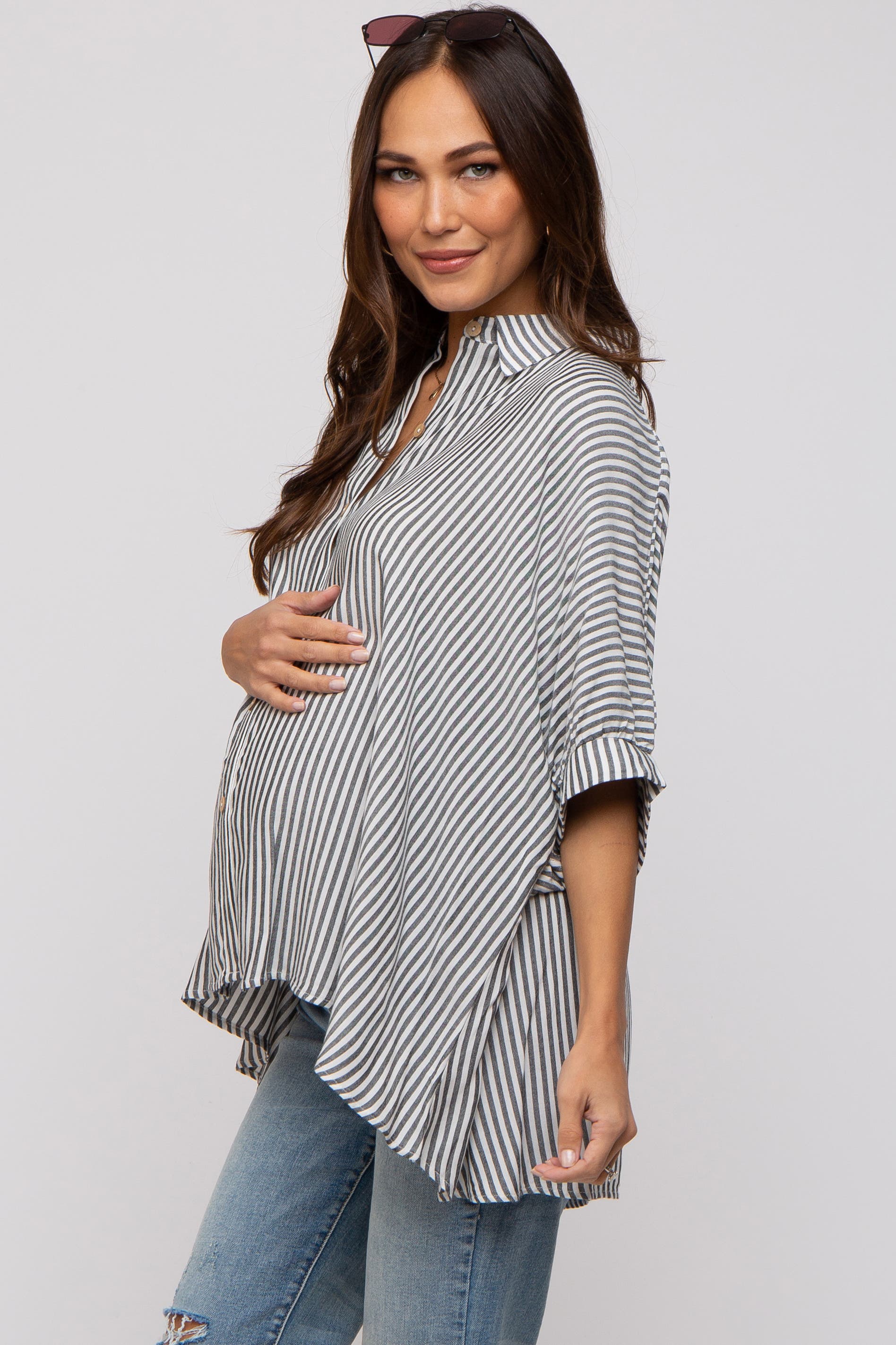 Striped Button Up Dolman Top - image 2