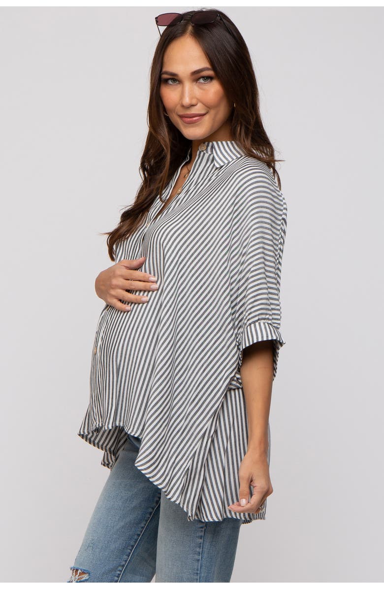 PinkBlush Striped Button Up Dolman Top, Alternate, color, Charcoal Grey
