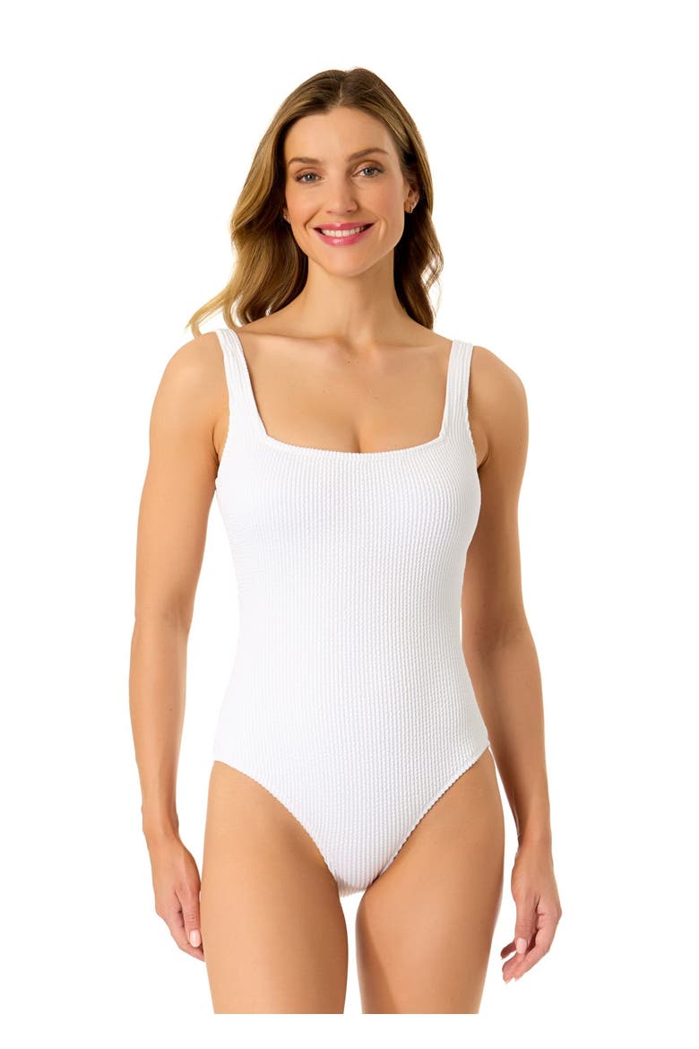 Women's Textured Classic Square Neck One Piece Swimsuit, Alternate, color, White