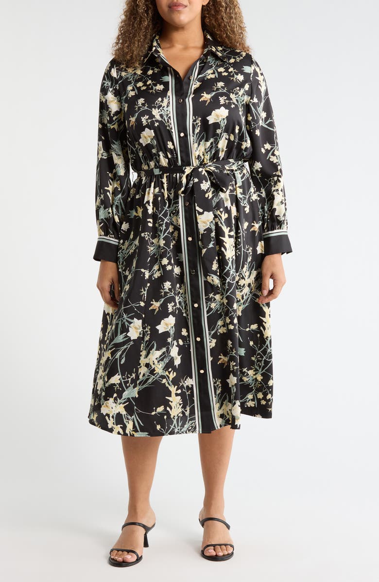 Anne Klein Print Tie Waist Long Sleeve Midi Dress, Main, color, Anne Black Multi