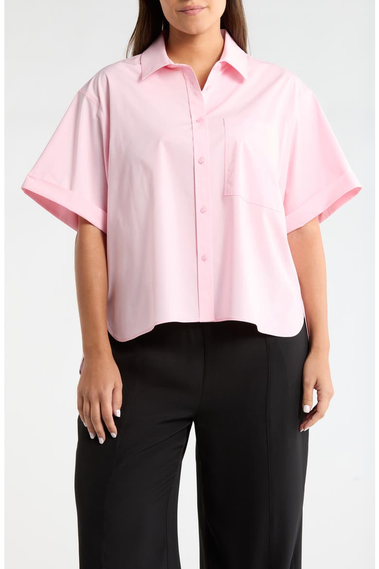 Corinna Oversize Short Sleeve Crop Button-Up Shirt, Main, color, ROSE