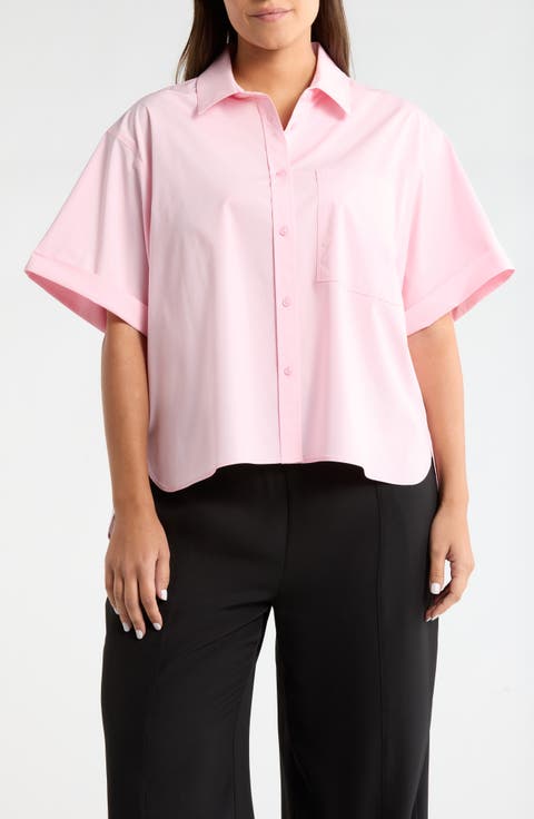 Corinna Oversize Short Sleeve Crop Button-Up Shirt (Plus)