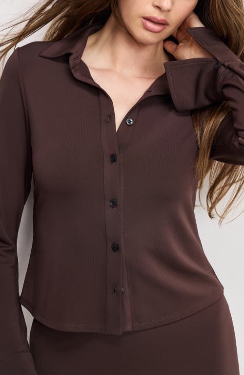 Good American Flare Cuff Jersey Matte Button-up Shirt In Brown