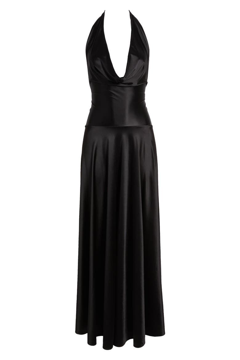 Adora Halter Satin Gown, Alternate, color, BLACK