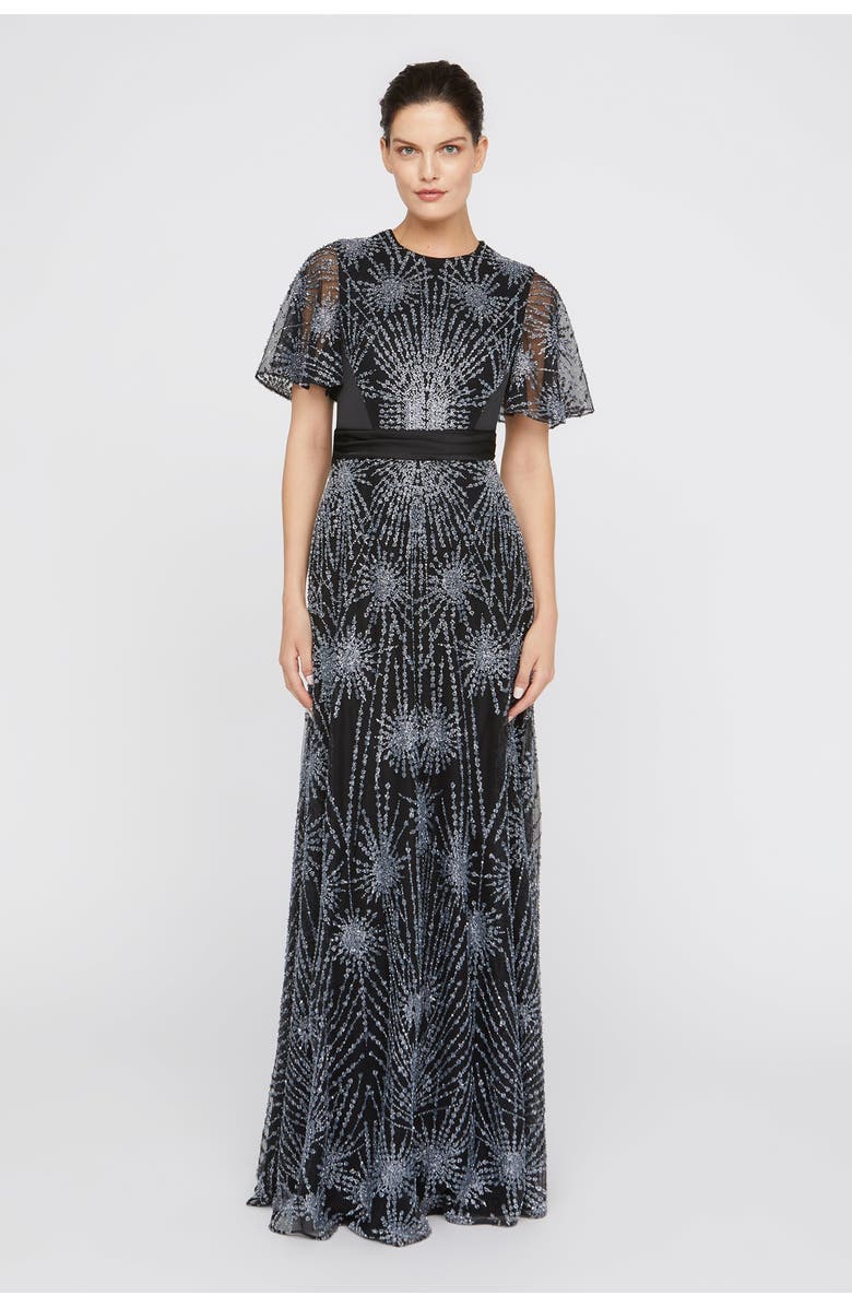 Theia Lavina Beaded Gown, Main, color, Black / Silver