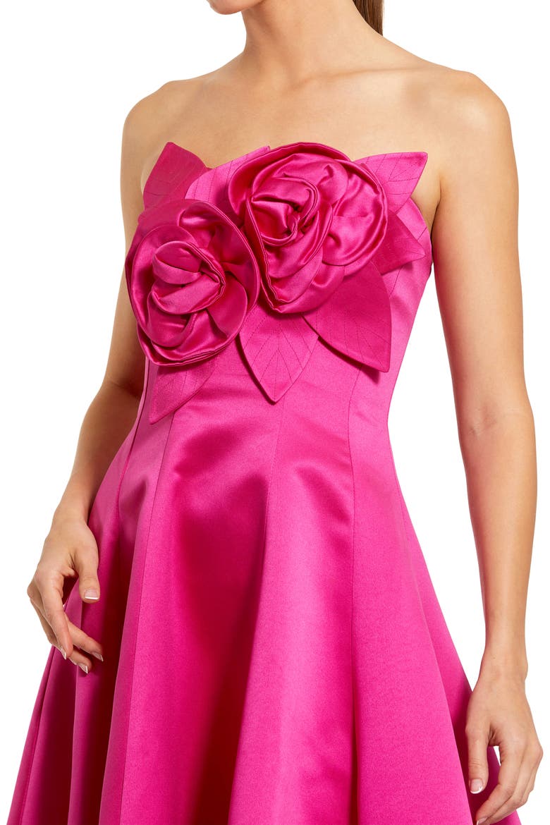 Strapless Satin High Low Gown With 3D Flowers, Alternate, color, Hot Pink