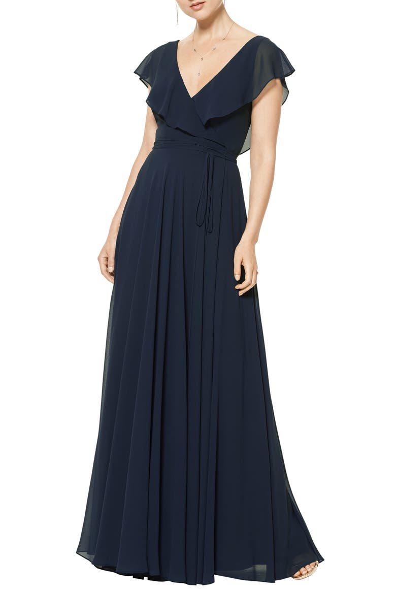 Ruffle V-Neck Wrap Gown, Main, color, NAVY