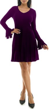 Nina Leonard Fringe Cuff Sweater Dress