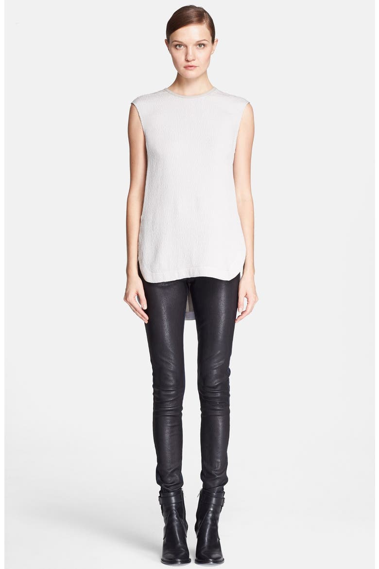 Leather Trim Textured Silk Top, Alternate, color, STONE