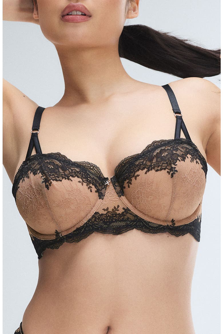 Lacestruck Unlined Balconette Bra, Main, color, TIRAMISU TAN/ BLACK CAVIAR