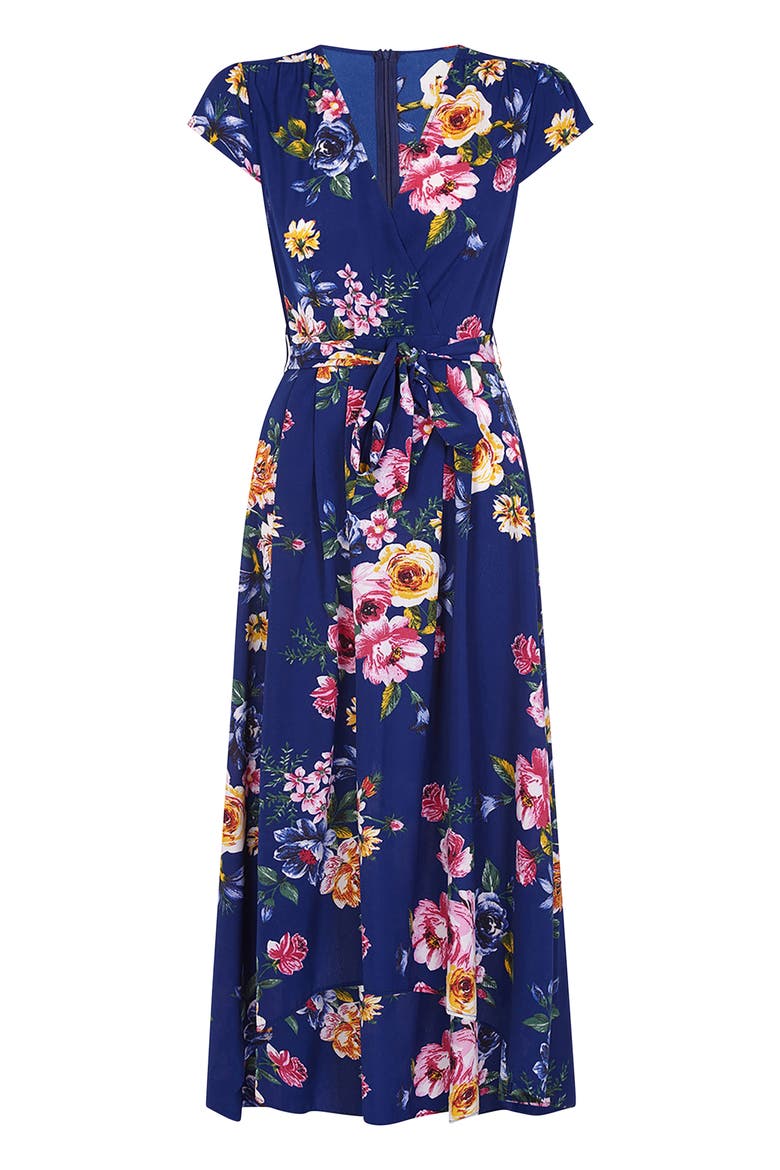Floral Print Dipped Hem Wrap Midi Dress, Alternate, color, Navy
