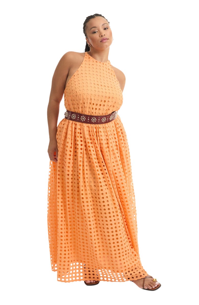 June + Vie Halter Eyelet Maxi Dress, Main, color, Tangerine