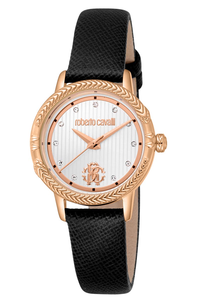 Roberto Cavalli Snake Textured Crystal Quartz Leather Strap Watch, 30mm, Main, color, Black/ Rose Gold