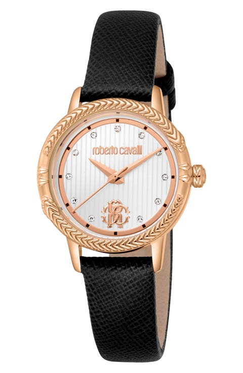 Snake Textured Crystal Quartz Leather Strap Watch, 30mm