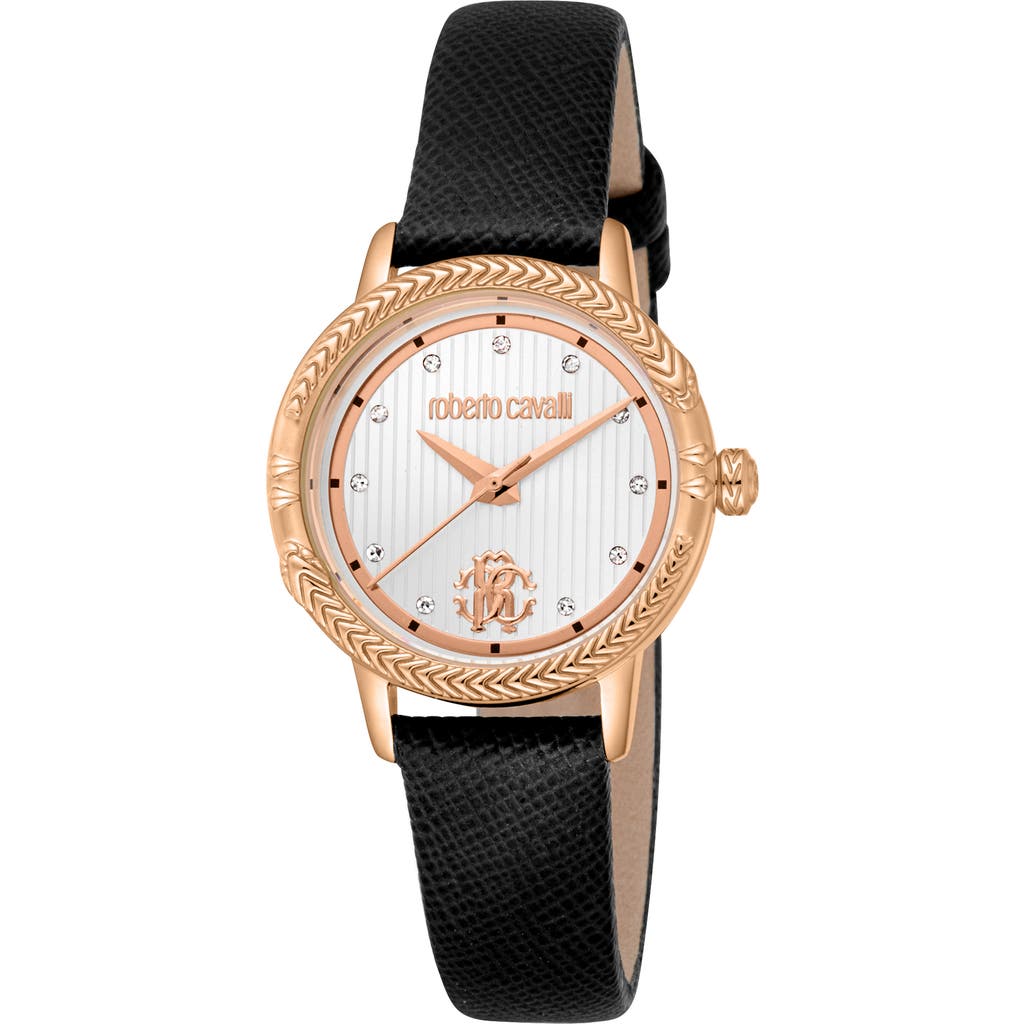 Shop Roberto Cavalli Snake Textured Crystal Quartz Leather Strap Watch, 30mm In Black/rose Gold