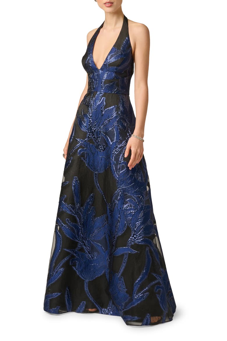Halter Organza Jacquard Gown, Alternate, color, NAVY/ BLACK
