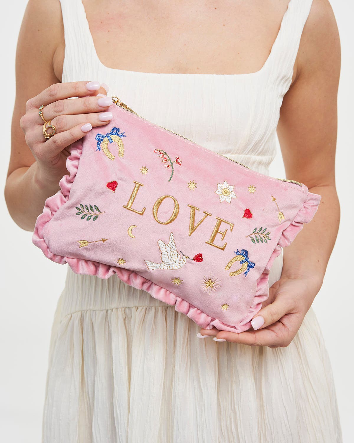 Love Scatter Velvet Embroidered Pouch, Alternate, color, Light/Pastel Pink