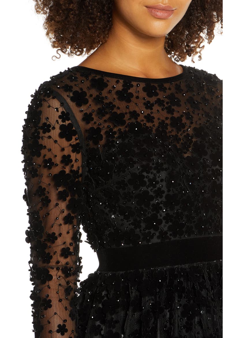 Embellished Illusion High Neck Long Sleeve Fit & Flare, Alternate, color, BLACK