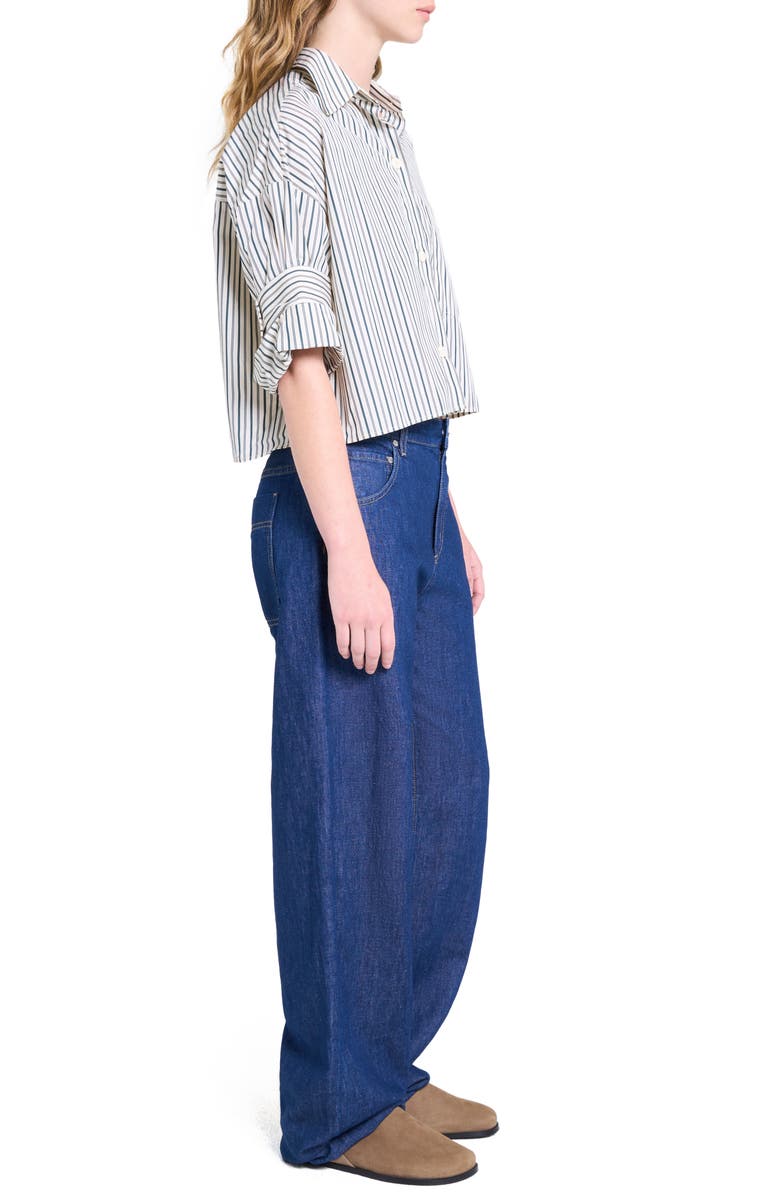 TWP Next Ex Stripe Crop Cotton Button-Up Shirt, Alternate, color, Ivory/ Cilantro