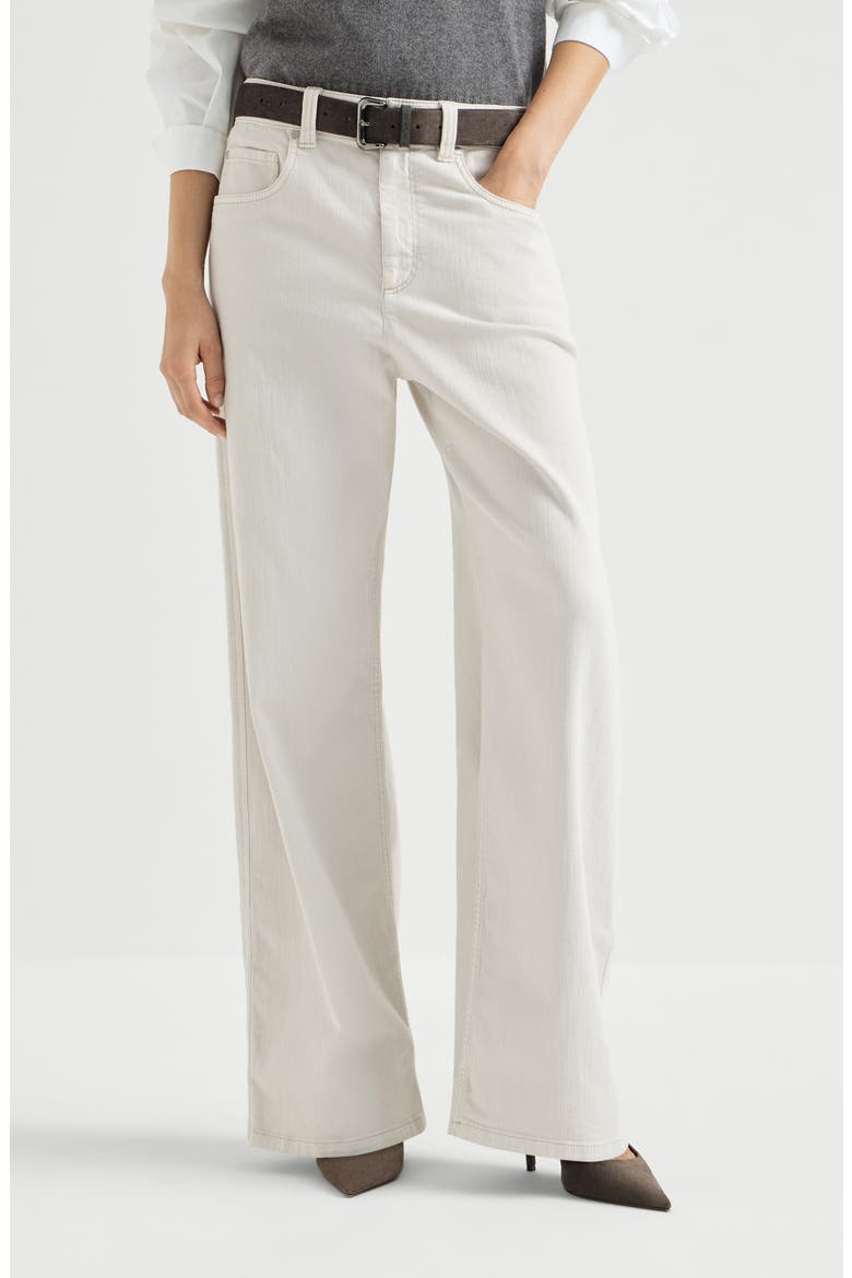 Stretch dyed denim loose barrel trousers with monili, Main, color, Panama