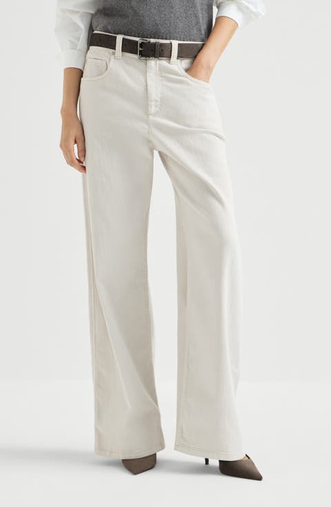 Stretch dyed denim loose barrel trousers with monili
