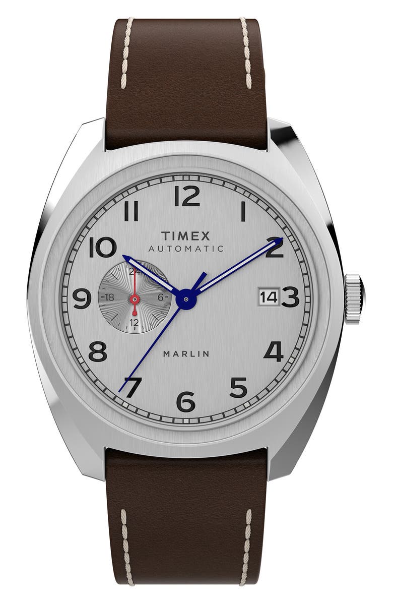 Timex<sup>®</sup> Marlin Automatic Leather Strap Watch, 39mm, Main, color, Brown