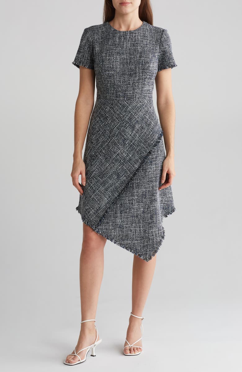 Eliza J Asymmetric Tweed Fit & Flare Dress, Main, color, Navy