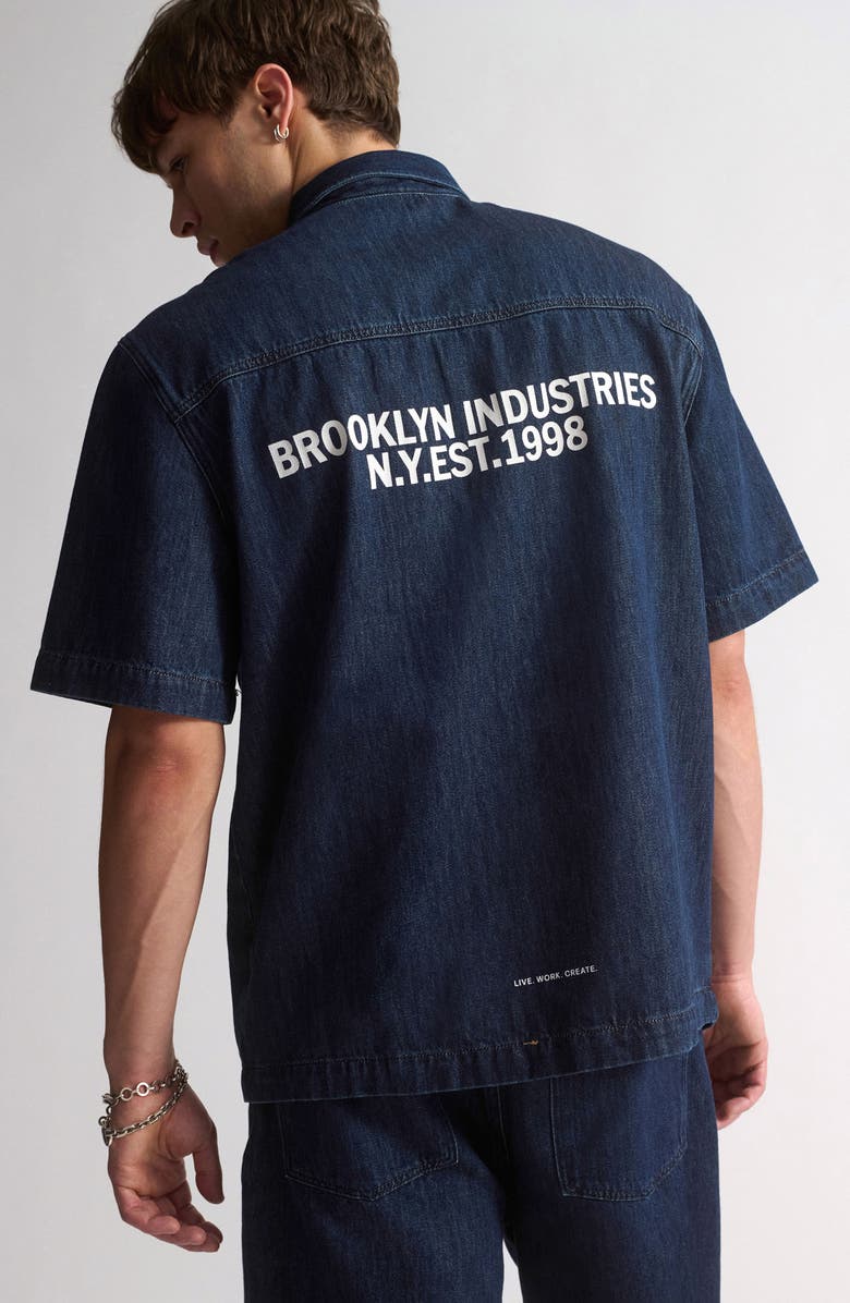 Brooklyn Industries Denim Graphic Short Sleeve Button-Up Shirt, Alternate, color, Dark Indigo
