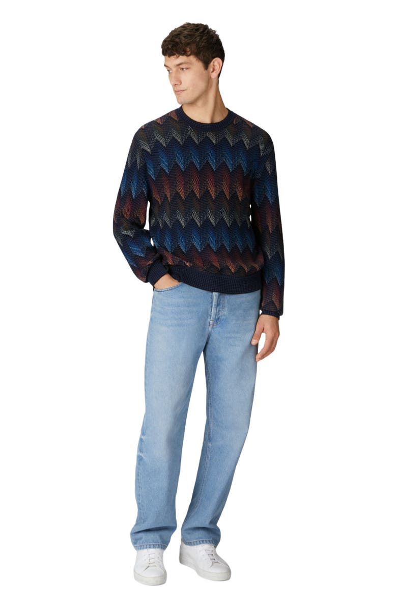 Missoni Crewneck Sweater In Gradient Cotton Chevron Blend With Contrasting Piping, Alternate, color, Blue