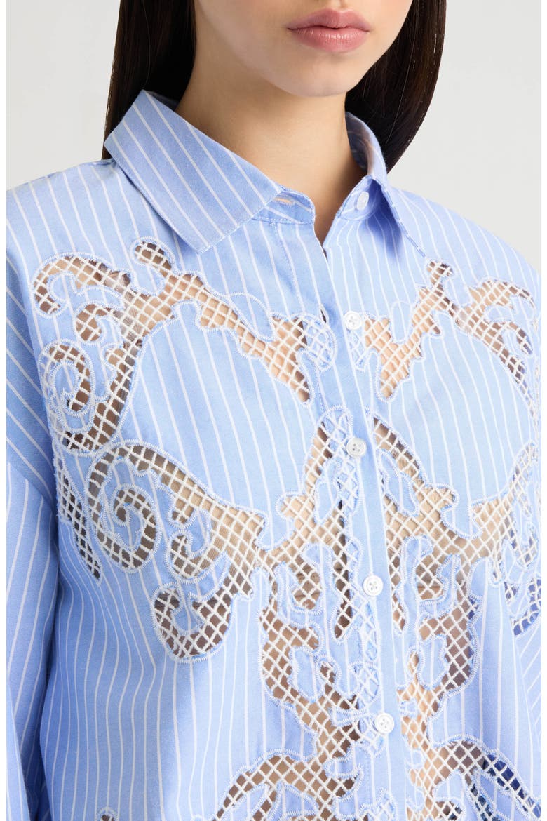 Embroidered Cutout Long Sleeve Crop Button-Up Shirt, Alternate, color, BLUE/ WHITE STRIPE