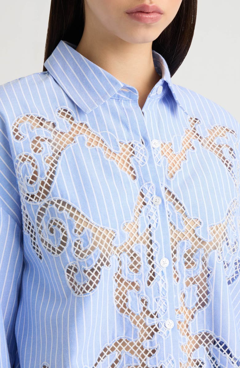 NVLT Embroidered Cutout Long Sleeve Crop Button-Up Shirt, Alternate, color, Blue/ White Stripe