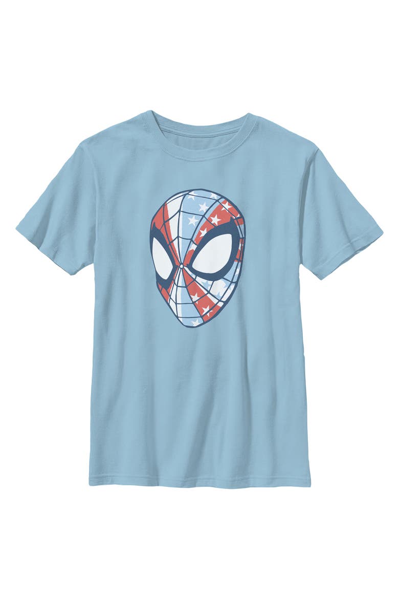 Boy's Marvel Spider-Man American Flag Mask  Graphic T-Shirt, Main, color, Light Blue