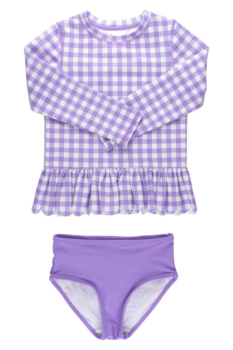 Kids' Wisteria Gingham Long Sleeve Peplum UPF 50+ Two-Piece Rashguard Swimsuit, Main, color, PURPLE