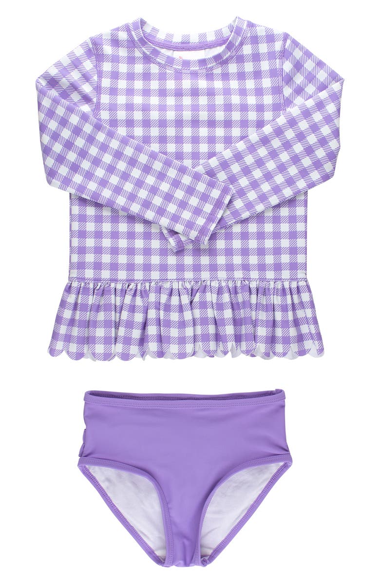 RuffleButts Kids' Wisteria Gingham Long Sleeve Peplum UPF 50+ Two-Piece Rashguard Swimsuit, Main, color, Purple