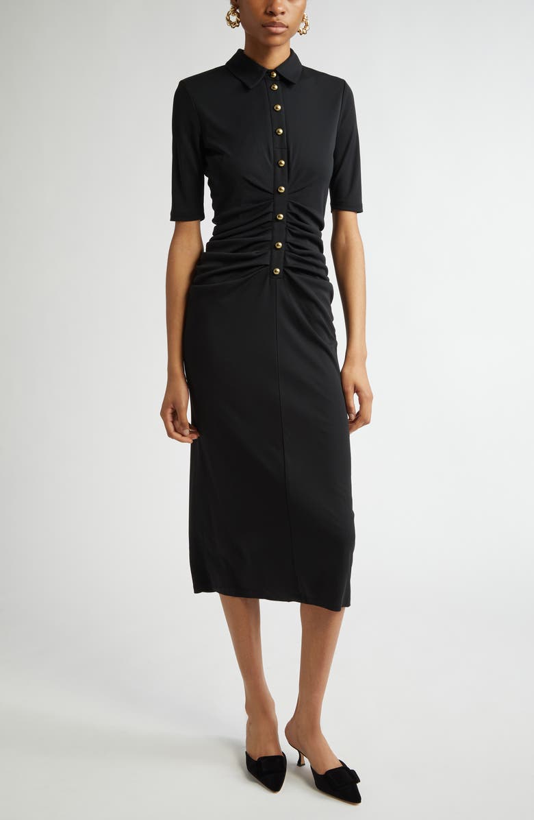 Carolina Herrera Ruched Button Front Jersey Midi Dress, Main, color,