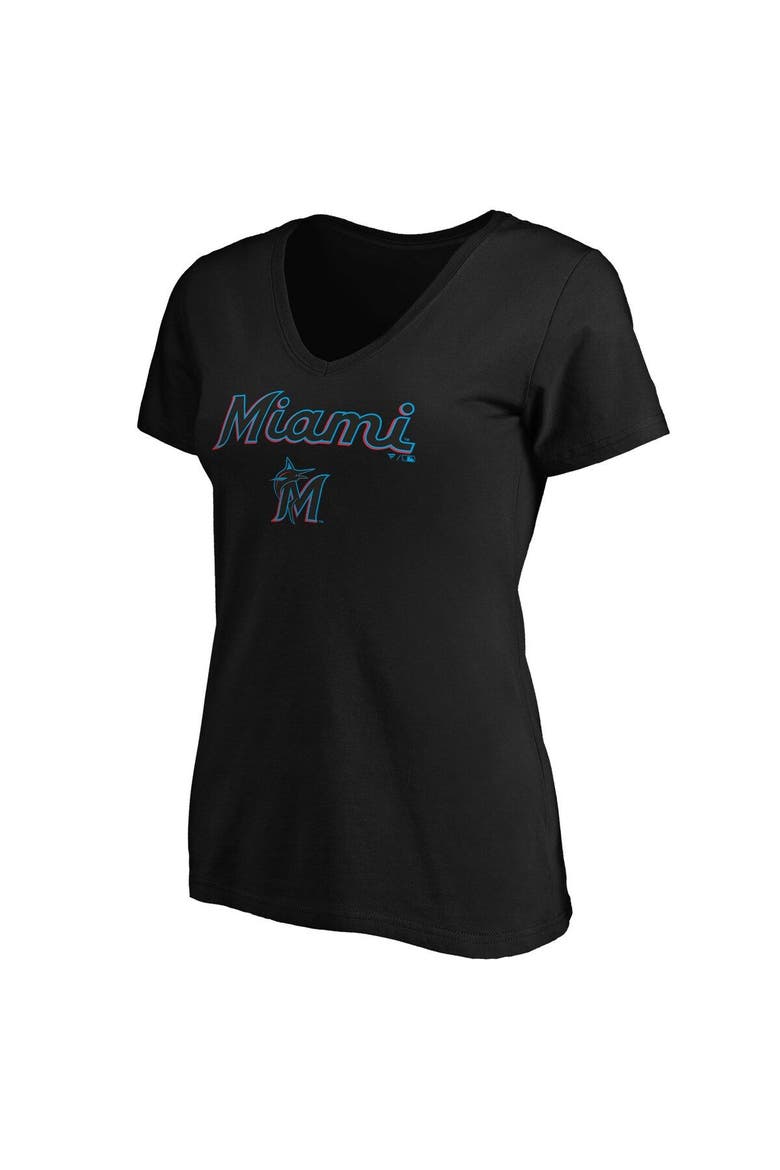 Women's Fanatics Branded Black Miami Marlins Team Logo Lockup V-Neck T-Shirt, Alternate, color, Black