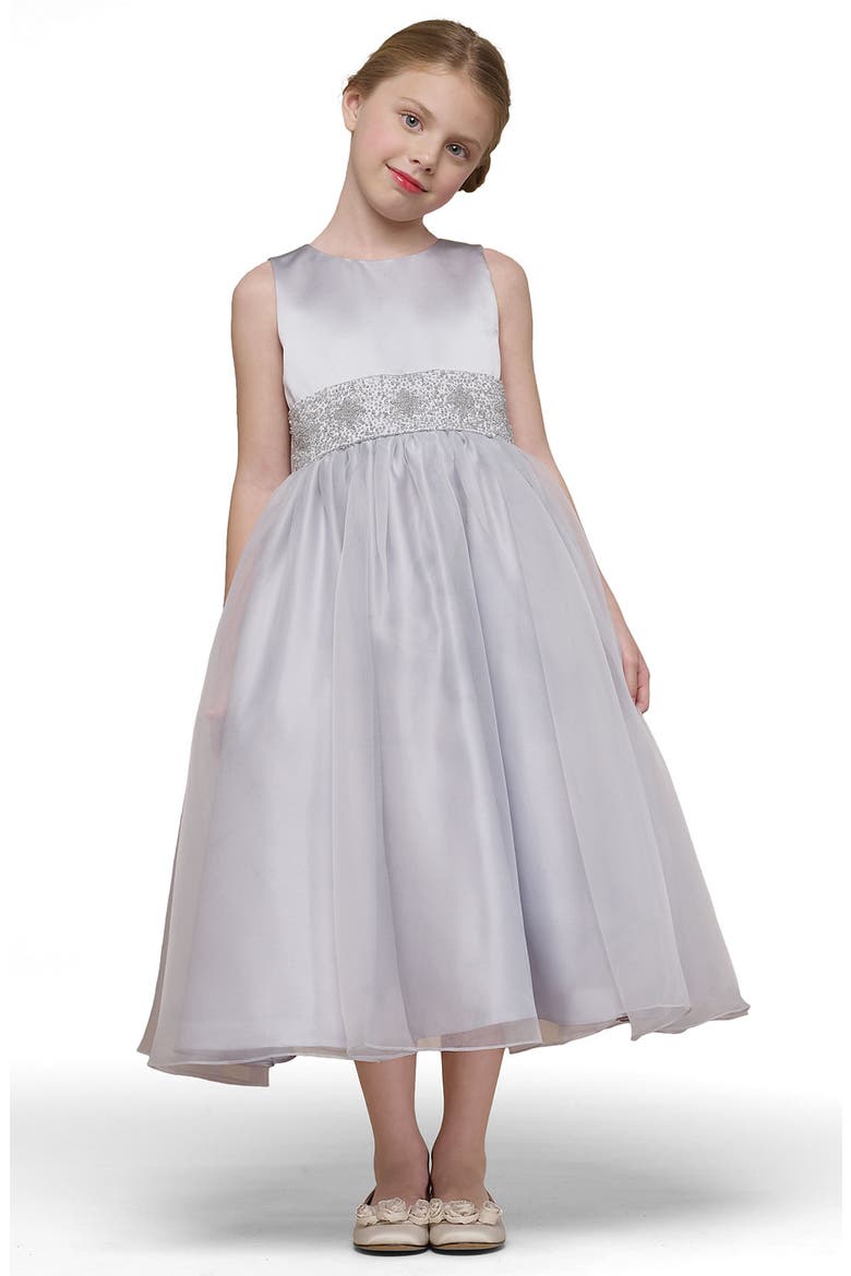 Kids' Beaded Satin Sleeveless Communion Dress, Main, color, PEWTER