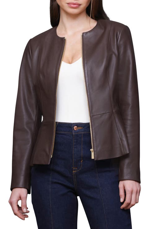 Genuine Leather Zip Front Peplum Jacket