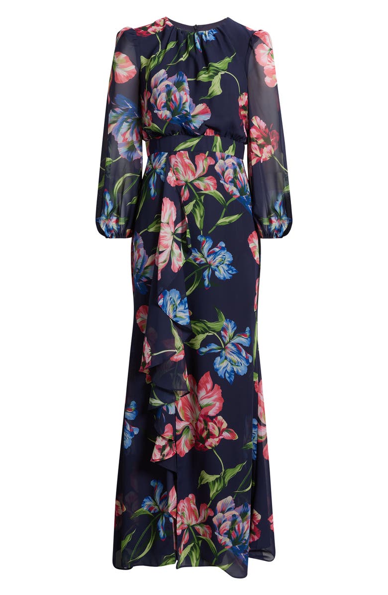 Eliza J Floral Long Sleeve Ruffle Chiffon Dress, Alternate, color, Navy