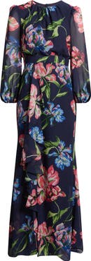 Eliza J Floral Long Sleeve Ruffle Chiffon Dress