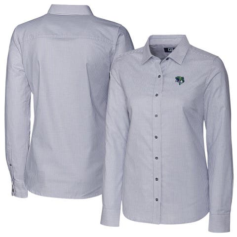 Women's Cutter & Buck Charcoal Gwinnett Stripers Stretch Oxford Stripe Long Sleeve Button-Up Dress Shirt