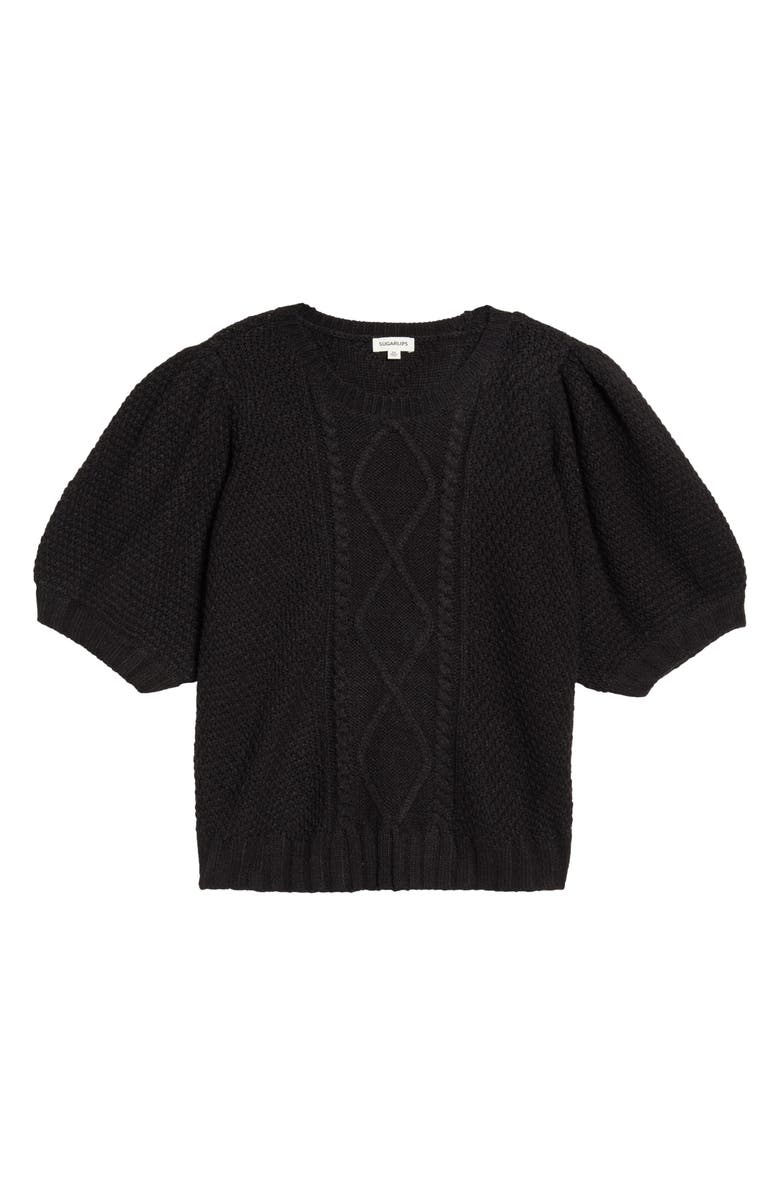 SUGARLIPS Puff Sleeve Cable Stitch Sweater, Main, color, Black
