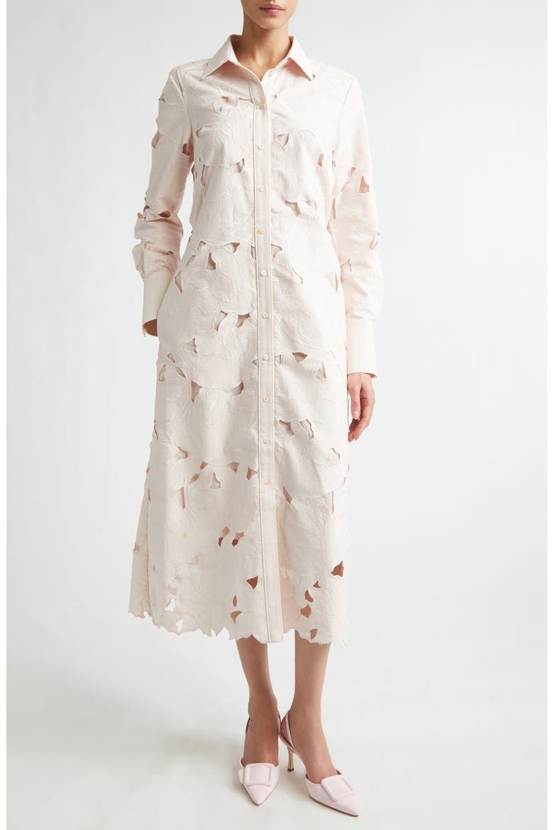 Floral Cutwork Belted Long Sleeve Poplin Shirtdress, Main, color, CAMEO PINK