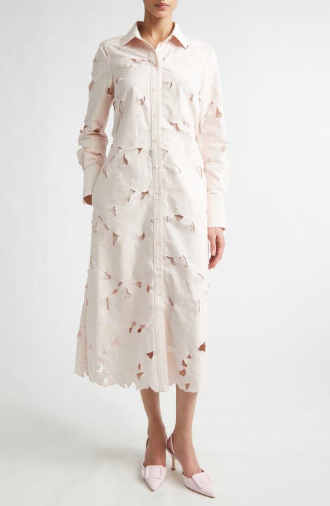 Floral Cutwork Belted Long Sleeve Poplin Shirtdress