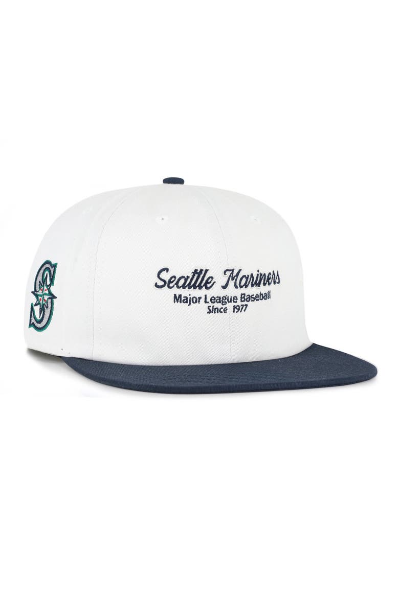 Men's '47 White/Navy Seattle Mariners Script Stack Relaxed Captain Snapback, Main, color, White