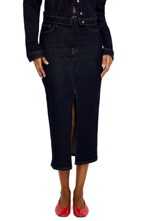 Front Slit Denim Midi Skirt