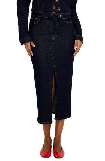 GOOD AMERICAN GOOD AMERICAN FRONT SLIT DENIM MIDI SKIRT 