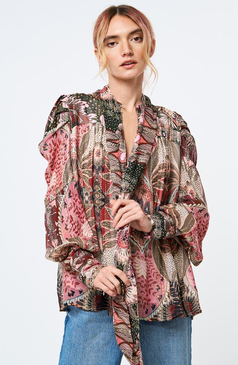 CIEBON Lynn Metallic Stripe Tie-Neck Top, Alternate, color, Red Multi